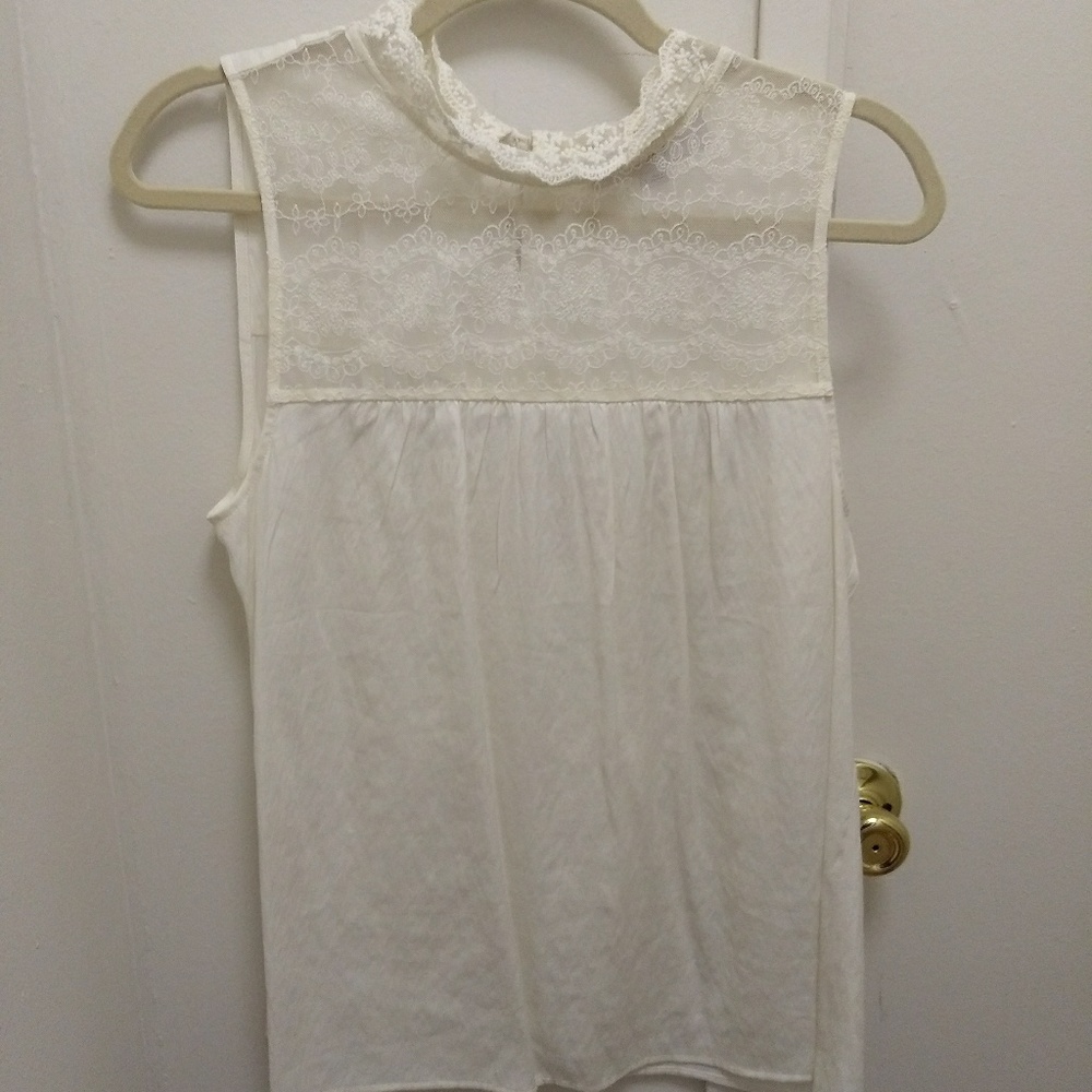 LOFT white lace sleeveless top with a high collar